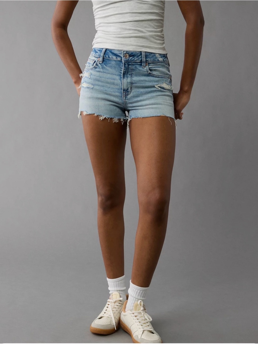 American Eagle Next Level Stretch High Waist Light Wash Denim Cutoff Shorts